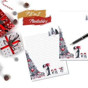 Druckbare Pinguin Weihnachten Brief Briefpapier, digitaler Download, Briefpapier, Aquarell Notizpapier, A4, US Letter, liniert, unliniert