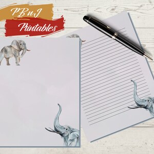 Elephant Printable Stationery, Digital Download, Digital Letter Writing Paper, Elephant Printable Note Paper, A4, US Letter, Lined, Unlined