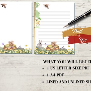 Utskrivbart akvarellpapper med vårens djurmotiv, digital nedladdning, vårbrevpapper, A4, US Letter, linjerat, ofodrat bild 8
