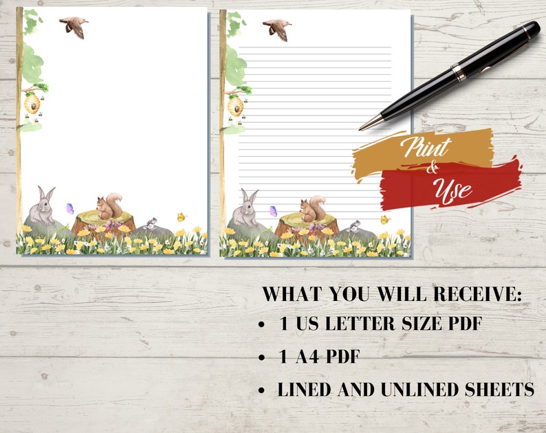 Utskrivbart akvarellpapper med vårens djurmotiv, digital nedladdning, vårbrevpapper, A4, US Letter, linjerat, ofodrat bild 8