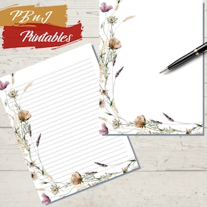 Papel de escritura de cartas botánicas de acuarela imprimible, descarga digital, papelería floral imprimible, A4, carta de EE. UU., 5x7 forrado, notas sin forro