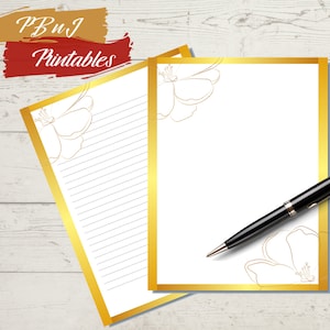 Papel de escritura de cartas con borde floral dorado, descarga digital, papel de notas elegante, papel de notas dorado, A4, carta de EE. UU., 5x7 forrado, notas sin forro