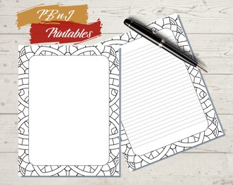 Printable Border Stationery Coloring Page, Digital Download, Printable Geometric Letter Writing Paper, A4, US Letter, Lined, Unlined Notes