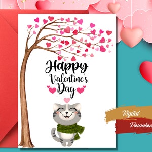 Carte de vœux imprimable Cat Valentine’s Day, carte téléchargeable, carte imprimable Cat Valentine, carte de vœux 5x7 et 4x6, carte numérique