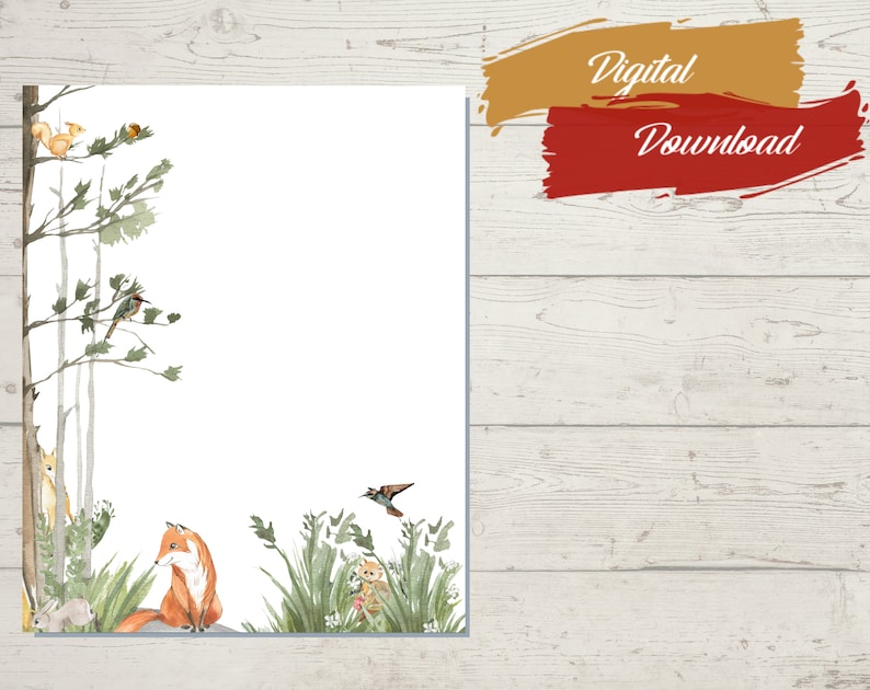 Printable Watercolor Woodland Animals Scene Writing Paper - Etsy