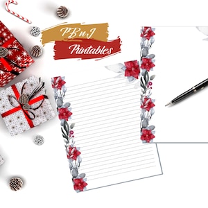 Printable Christmas Poinsettias Letter Writing Paper, Digital Download, Stationery, Botanical Note Paper, A4, US Letter, Lined, Unlined