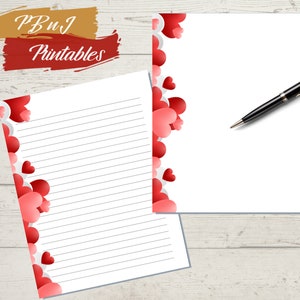 Valentijnsdag schrijfpapier, digitale download, Heart Boarder briefpapier, afdrukbaar briefpapier, A4, US Letter, bekleed, ongevoerd