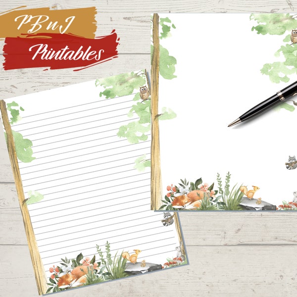Printable Watercolor Woodland Animals Scene Writing Paper, Digital Download, Printable Stationery, A4, US Letter, Lined, Unlined