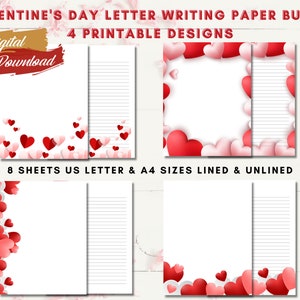 Papel para escribir cartas del Día de San Valentín, Descarga digital, 4 diseños, Paquete de papel imprimible del Día de San Valentín, A4, Carta de EE. UU., Forrado, Sin forro