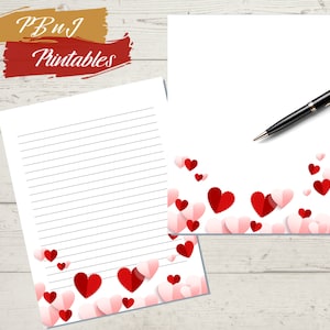 Valentijnsdag schrijfpapier, digitale download, Heart Boarder briefpapier, afdrukbaar briefpapier, A4, A5, US Letter, bekleed, ongevoerd