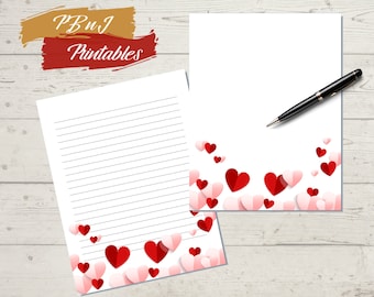 Valentine's Day Writing Paper, Digital Download, Heart Boarder Stationery, Printable Stationery, A4, A5, US Letter, Lined, Unlined