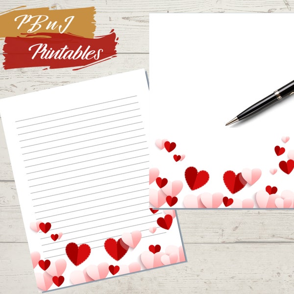 Valentine's Day Writing Paper, Digital Download, Heart Boarder Stationery, Printable Stationery, A4, A5, US Letter, Lined, Unlined