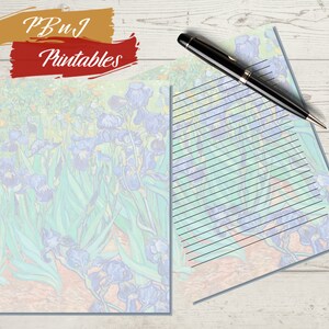 Irises Van Gogh Printable Stationery, Digital Download, Printable Letter Writing Paper, Art Note Paper, A4, US Letter, Lined, Unlined