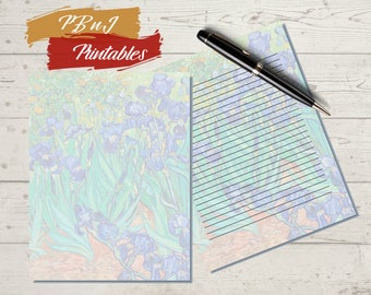 Iris Van Gogh druckbares Briefpapier, digitaler Download, druckbares Briefpapier, Art Notizpapier, A4, US Letter, liniert, unliniert