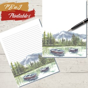 Barcos de acuarela imprimibles en un papel de escritura de cartas de paisaje de lago, papelería de paisaje imprimible, A4, carta de EE. UU., notas forradas y sin forro de 5x7