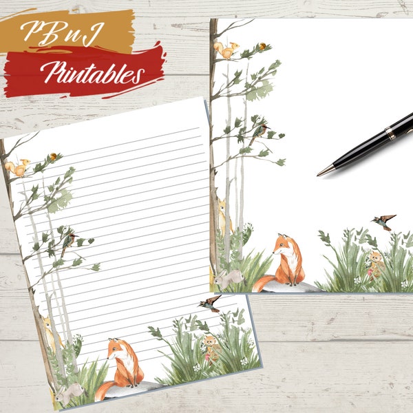 Printable Watercolor Woodland Animals Scene Writing Paper, Digital Download, Printable Stationery, A4, US Letter, Lined, Unlined