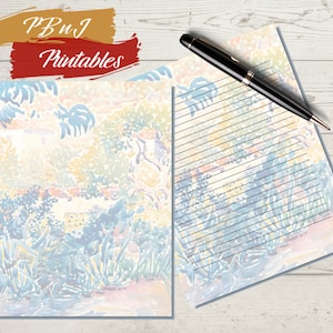 The Artist Garden Painting Printable Stationery, Digital Download, Printable Letter Writing Paper,  A4, US Letter, Lined, Unlined