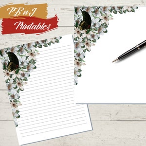 Papel para escrever borboletas e cartas botânicas para impressão, download digital, papelaria floral para impressão, A4, carta dos EUA, forrado, sem forro