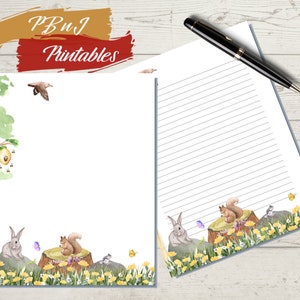 Papel de escritura de escena de animales del bosque de primavera de acuarela imprimible, descarga digital, papelería de primavera, A4, carta de EE. UU., forrado, sin forro