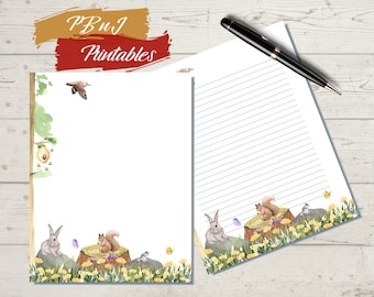 Printable Watercolor Spring Woodland Animals Scene Writing Paper, Digital Download, Spring Stationery, A4, US Letter, Lined, Unlined