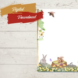 Utskrivbart akvarellpapper med vårens djurmotiv, digital nedladdning, vårbrevpapper, A4, US Letter, linjerat, ofodrat bild 3