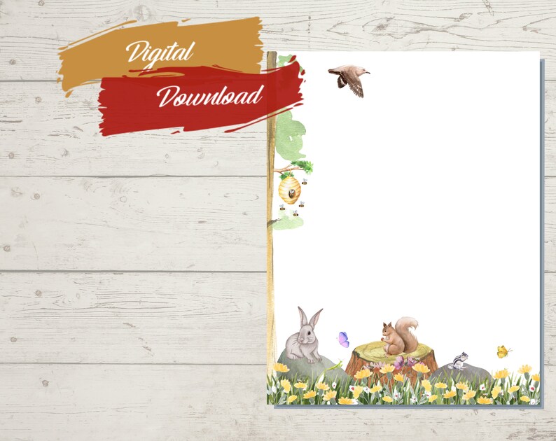 Utskrivbart akvarellpapper med vårens djurmotiv, digital nedladdning, vårbrevpapper, A4, US Letter, linjerat, ofodrat bild 3