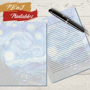 La noche estrellada Van Gogh Papelería imprimible, Descarga digital, Papel de escritura de cartas imprimible, Notas de arte, A4, Carta de EE. UU., Forrado, Sin forro