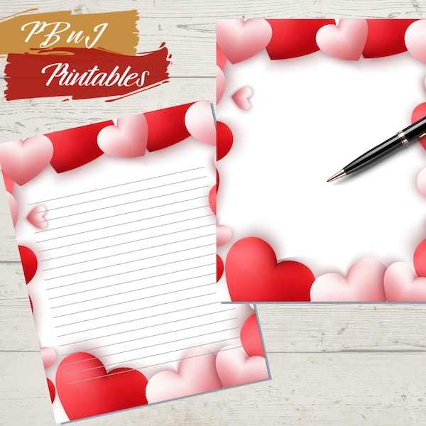 Valentine's Day Writing Paper, Digital Download, Heart Boarder Stationery, Printable Stationery, A4, US Letter, Lined, Unlined