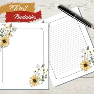Printable Yellow Watercolor Flowers Letter Writing Paper, Digital Download, Printable Floral Stationery, A4, US Letter Lined, Unlined Notes