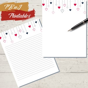 Valentine&#39;s Day Writing Paper, Digital Download, Hanging Heart Stationery, Printable Stationery, A4, US Letter, Lined, Unlined