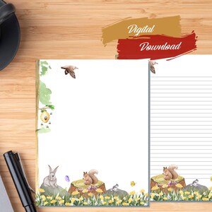Utskrivbart akvarellpapper med vårens djurmotiv, digital nedladdning, vårbrevpapper, A4, US Letter, linjerat, ofodrat bild 4