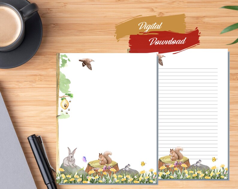 Utskrivbart akvarellpapper med vårens djurmotiv, digital nedladdning, vårbrevpapper, A4, US Letter, linjerat, ofodrat bild 4
