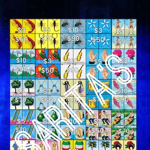 May include: A colorful Loteria game board with 16 squares. Each square has a different image and a price. The images include a scorpion, a parrot, a violin, a hand, a rose, a tree, a pair of arrows, a drum, a melon, a ladder, a skeleton, a barrel, a palm tree, a hat, a devil, a woman, a bottle, and a soldier. The prices are $3, $5, $10, $50, $70, and $90. The board is titled 