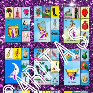 Loteria Mexicana Board Card 9 numbers all 54 cards purple Glitter