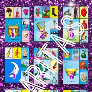 Loteria Mexicana Board Card all 54 cards only 9 numbers  purple glitter
