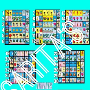 May include: A Loteria game board with 42 squares. Each square contains a different image, including a scorpion, a crown, a watermelon, a guitar, a hand, a drum, a tree, a frog, a bell, a pear, a skull, an umbrella, a boot, a flower pot, a pine tree, a moon, a watermelon slice, a ladder, a rooster, a cactus, a hand with a coin, two red watermelons, and a shrimp. The board is labeled 