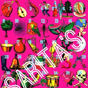 Loteria Mexicana Board Karte 48 nummerierte Figuren hot pink