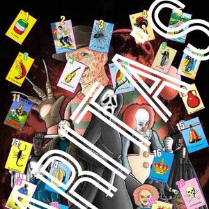 Loteria Mexicana Board 27 numbers freddy IT jason chucky inspired halloween