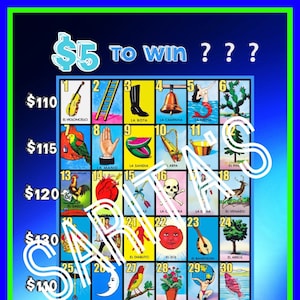 May include: A Loteria game board with a blue background and a green border. The board is divided into 36 squares, each with a different image and number. The images are colorful and include a variety of objects, animals, and people. The board also includes the text 