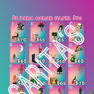 Loteria Mexicana Board 20 numbers 5 to win upto 70