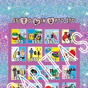 Loteria Mexicana Board Purple mit Glitzer 20 Zahlen 7 zu gewinnen bis zu 70