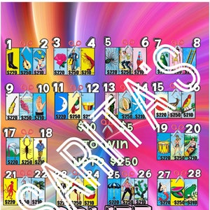 Loteria Mexicana Board Card Splitz teilt 36 Zahlen neon um bis zu 250 zu gewinnen