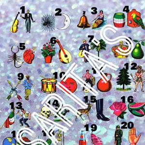Loteria Mexicana Board  Silver glitter Background 24 Numbers 2 images each