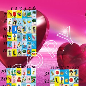 Loteria mexicana board corazon corazones san Valentín 36 líneas