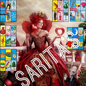 Loteria Mexicana Board 9 numbers 6 images per number Queen of hearts
