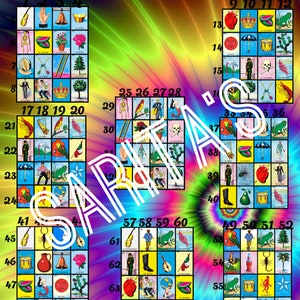 Loteria board 64 lines Tye Dye colorful