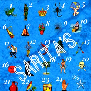 May include: A blue background with 30 numbered squares. Each square contains a different image. The images include a frog, a soldier, a crown, a scorpion, a man holding a globe, a harp, a bell, a potted plant, a spider, a canoe, a man with a trumpet, a man in a suit, a shrimp, a tree, two arrows, a red face, a black boot, a palm tree, a native american man with a bow and arrow, a skull and crossbones, a red jug, a bird on a branch, a drum, a hand with a raised index finger, a star, a cactus, a fish, a yellow pot, a deer, and a heart with an arrow through it. The word SARITA is written diagonally across the image in white letters.