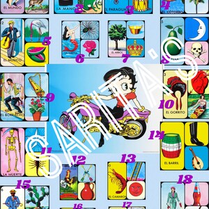 Loteria Mexicana Board Betty Boop Motorcycle 18 Numbers no doubles