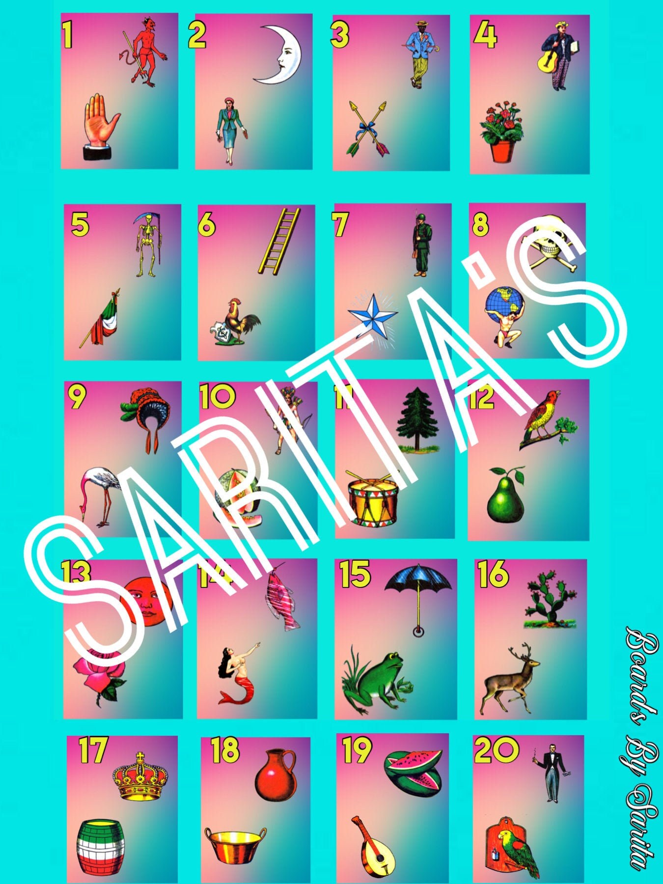 Loteria Mexicana Board Card 20 numbers 2 cards per number
