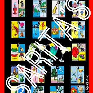 Loteria mexicana tabuleiro 18 números coquetéis pretos vermelhos escolha seu veneno